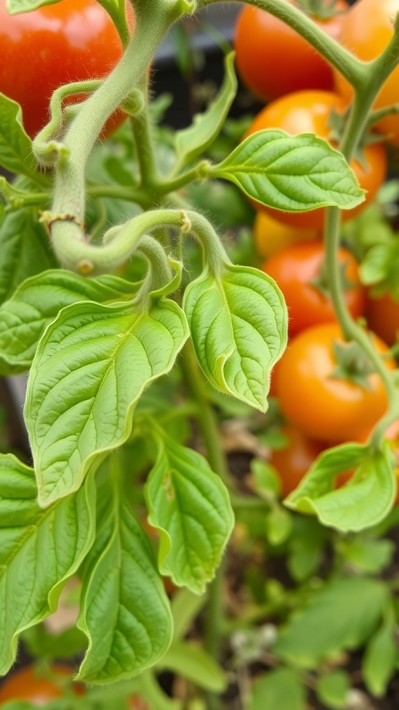 Close-up of curling tomato leaves in a garden setting.